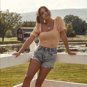 Backyard Roses “Carrie” top- Short puff sleeve orange and white gingham size S